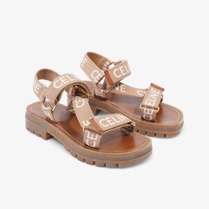 Celine "Leo" Logo Sandals in Beige, size 35. (fits like 5.5/6)